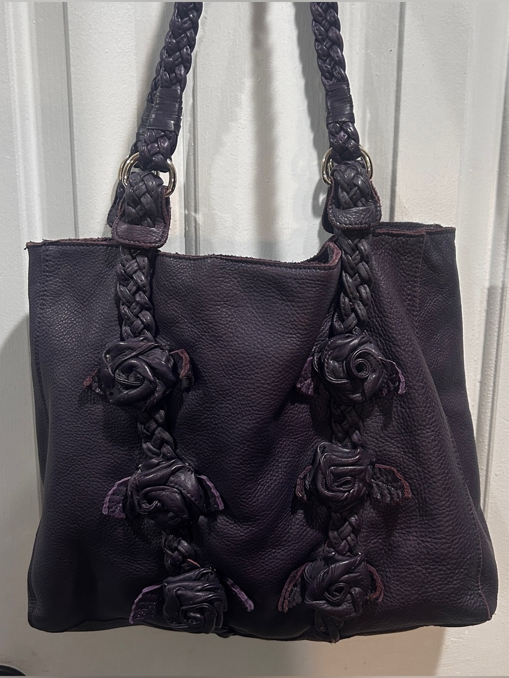 Braided Rose-Accent Shoulder Bag in Deep Plum- Elliot Lucca